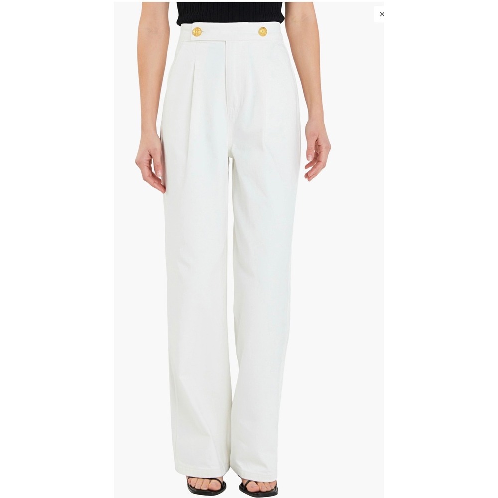 English Factory Womens High Waisted White Wide Leg Jeans Gold Button Detail S